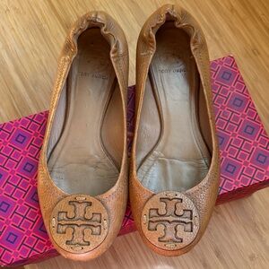 Tory Burch Cognac Leather Logo Ballet Flats